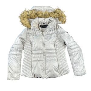 GUESS Los Angeles Silver Puffer Jacket Faux Fur Hood Winter Coat‎ L/G